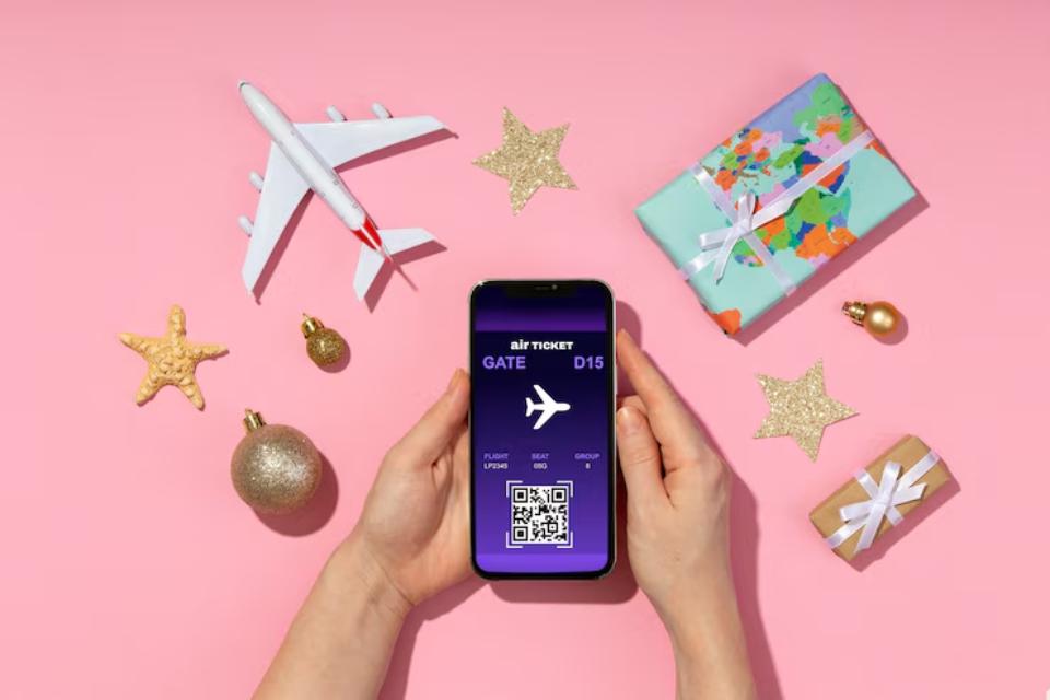  A hand holds a smartphone displaying an e-ticket, surrounded by a toy airplane, gifts, and festive decorations on a pink background.