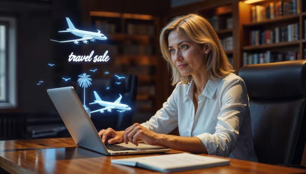 A woman works on a laptop with a travel sale promotion and airplane graphics displayed in a cozy, book-filled office setting.