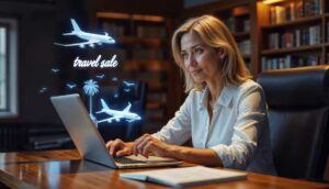 A woman works on a laptop with a travel sale promotion and airplane graphics displayed in a cozy, book-filled office setting.