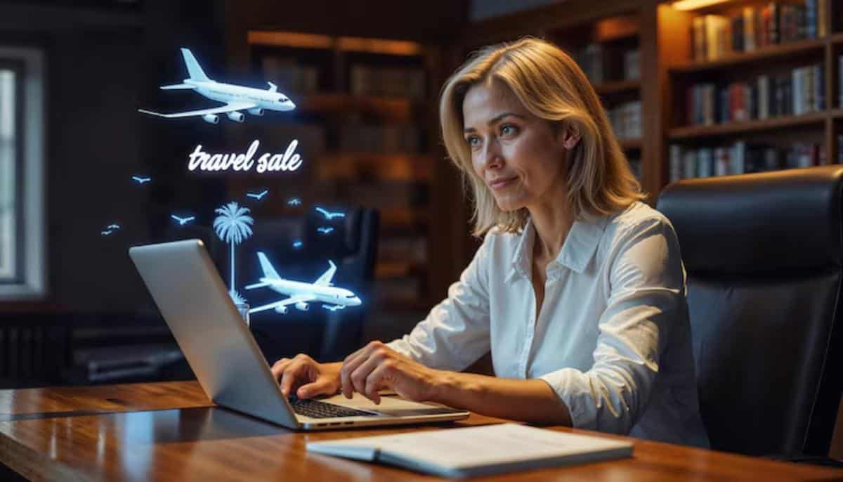 A woman works on a laptop with a travel sale promotion and airplane graphics displayed in a cozy, book-filled office setting.