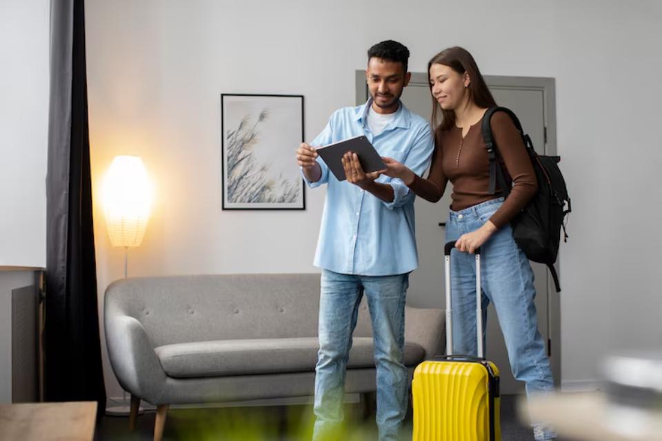  A man and a woman are discussing on a tablet, with a yellow suitcase by the woman and a cozy living room setting in the background.