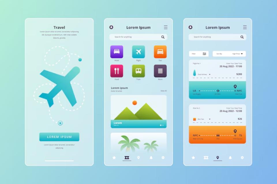  A modern travel app interface featuring flight icons, travel options, and booking details across three screens.