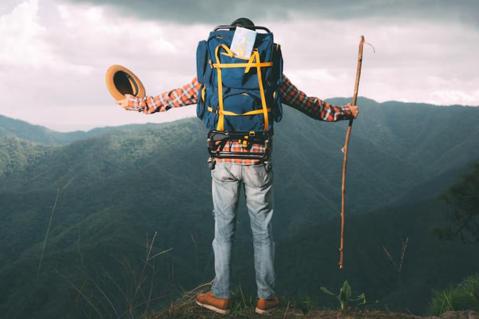  A hiker in plaid shirt and denim stands on a cliff, arms raised, holding a hat and stick, overlooking a vast mountain landscape.