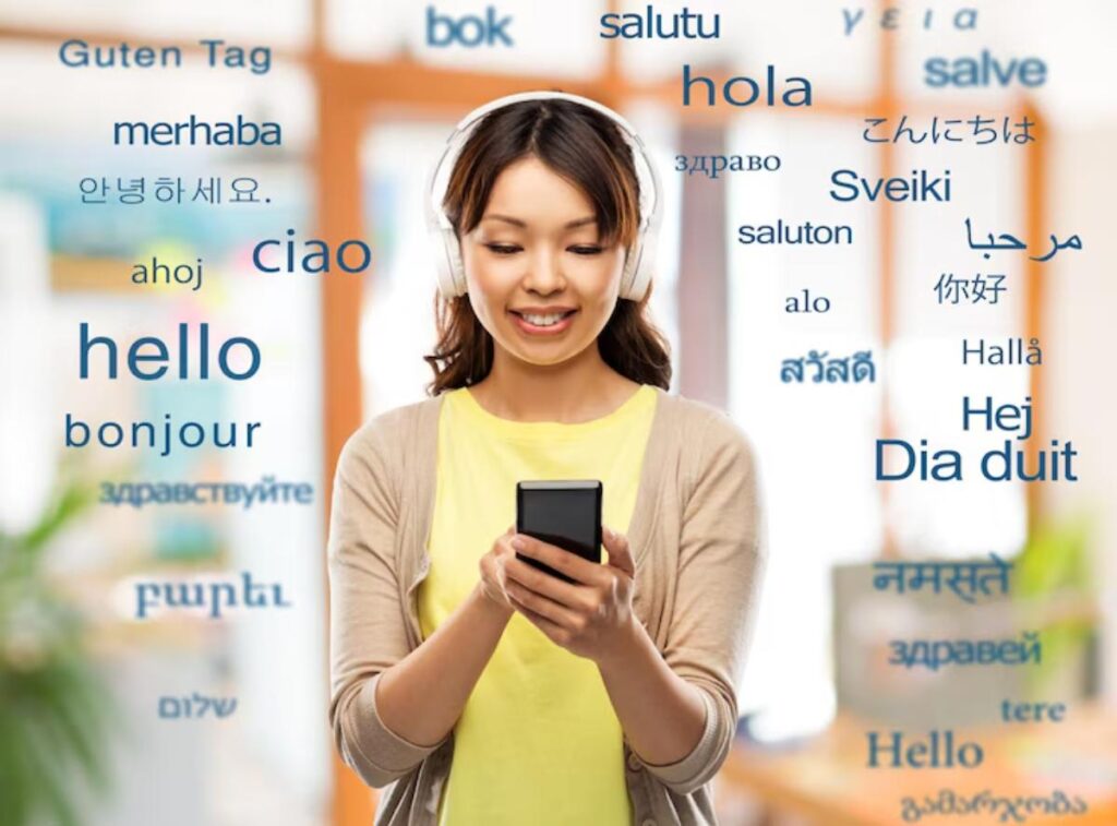 A person listening to music on headphones, holding a smartphone, surrounded by greetings in various languages.