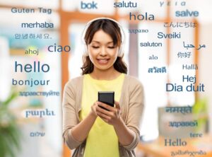 A person listening to music on headphones, holding a smartphone, surrounded by greetings in various languages.