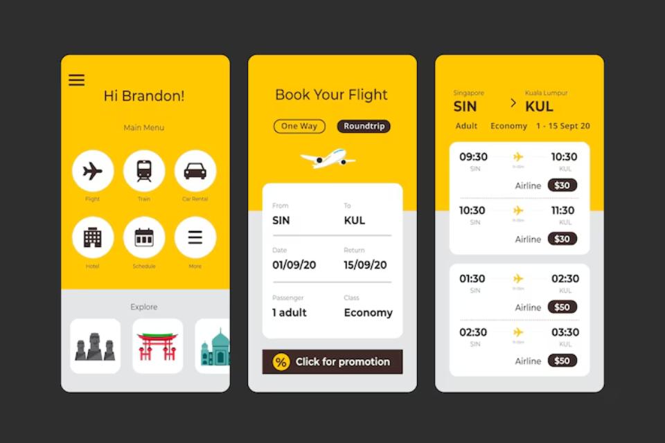 Screenshot of a flight booking app showing options for flights from Singapore to Kuala Lumpur, user details, and available flight times.