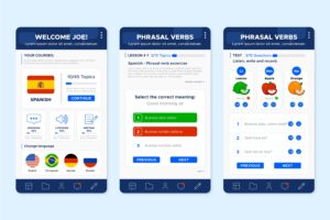 A colorful mobile app interface for learning Spanish, featuring courses, lessons on phrasal verbs, and interactive quizzes.