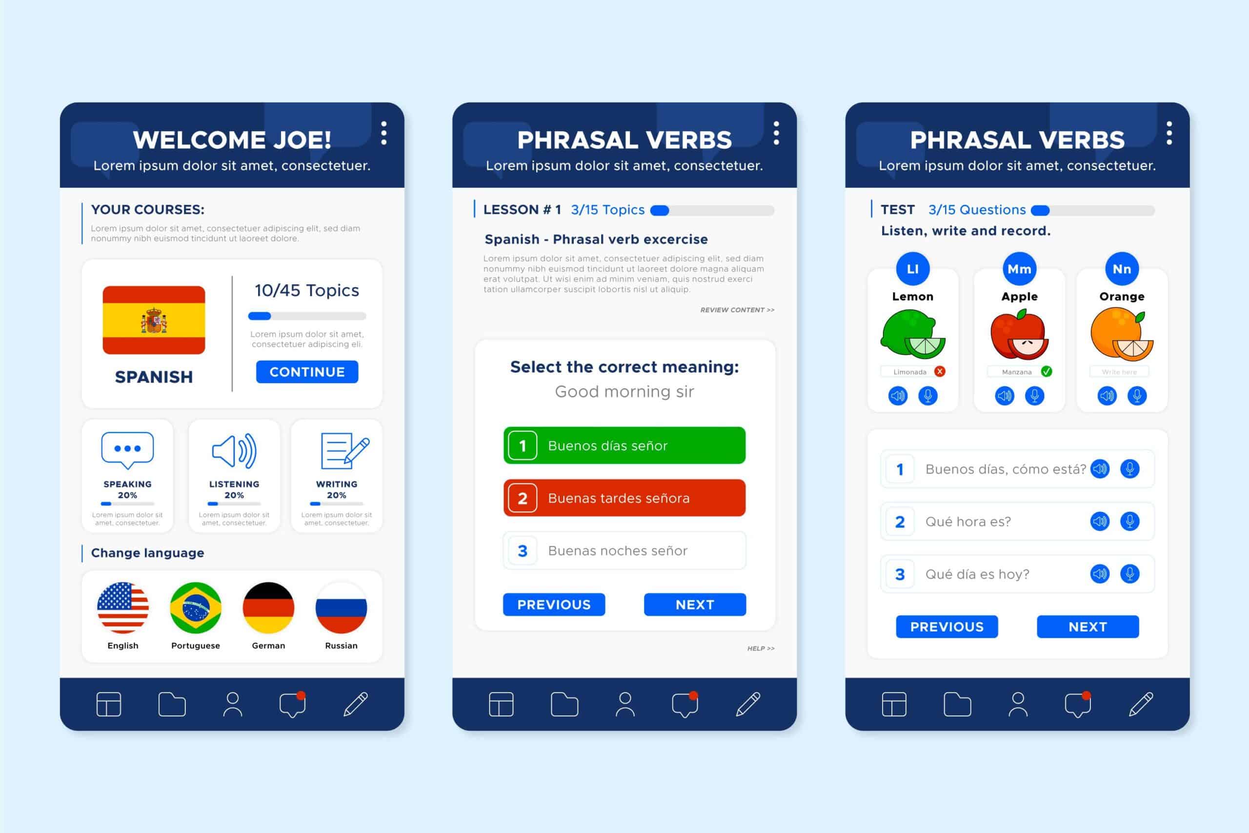 A colorful mobile app interface for learning Spanish, featuring courses, lessons on phrasal verbs, and interactive quizzes.