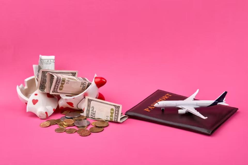  Broken piggy bank with cash and coins, a black passport, and a model airplane on a pink background, symbolizing travel and savings.