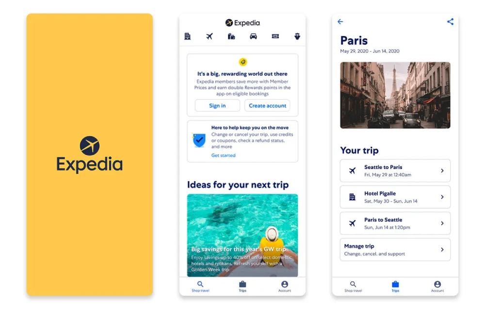  Screenshot of the Expedia app displaying trip details, member rewards, and travel suggestions. Colorful design with logos and images.