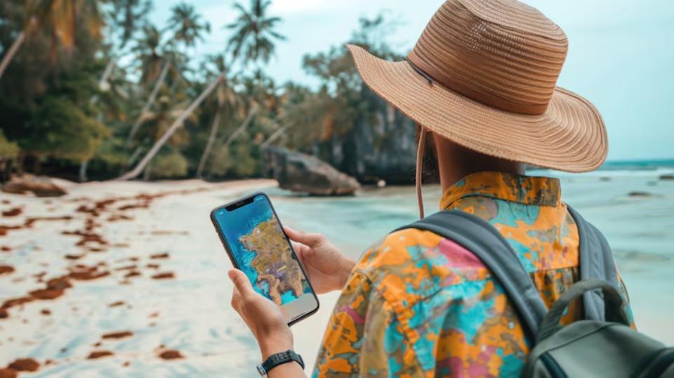 A person in a colorful shirt and straw hat checks a map on their phone while standing on a sandy beach with palm trees in the background.