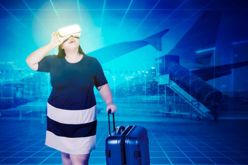  A traveler in a striped dress holds a phone while pulling a blue suitcase, set against a futuristic airport backdrop.