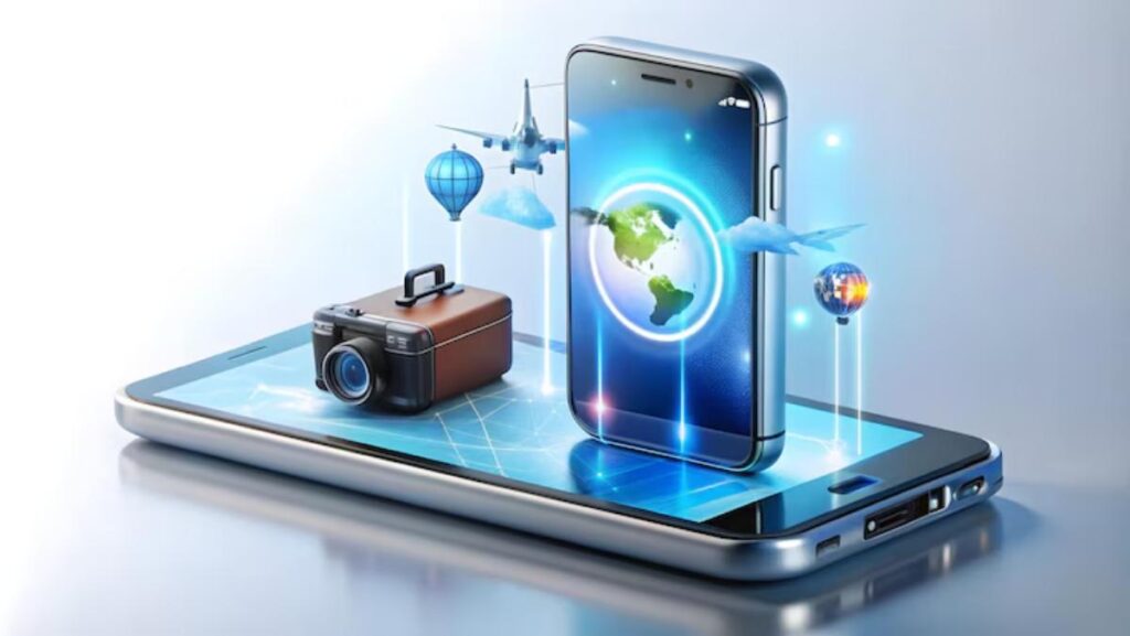 A smartphone displays a globe, augmented travel icons like a camera, hot air balloon, and airplane, symbolizing digital exploration.