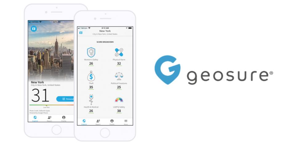  Two smartphone screens displaying the GeoSure app's safety scores for New York, with a logo on the right.
