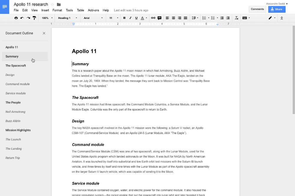  A Google Docs interface displaying a research paper on Apollo 11, with sections like summary, spacecraft, and design outlined on the left.