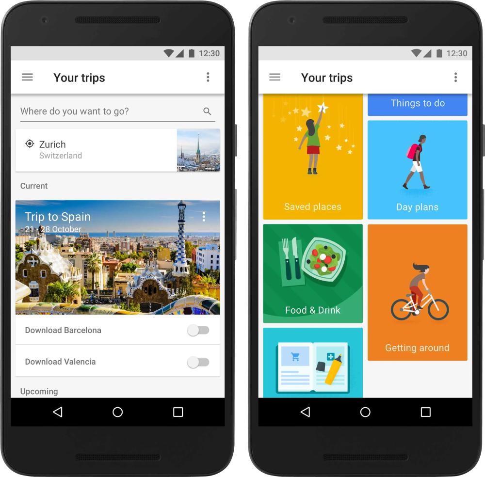 Two smartphones display a travel app interface, showing trip options, locations, and itinerary planning features.