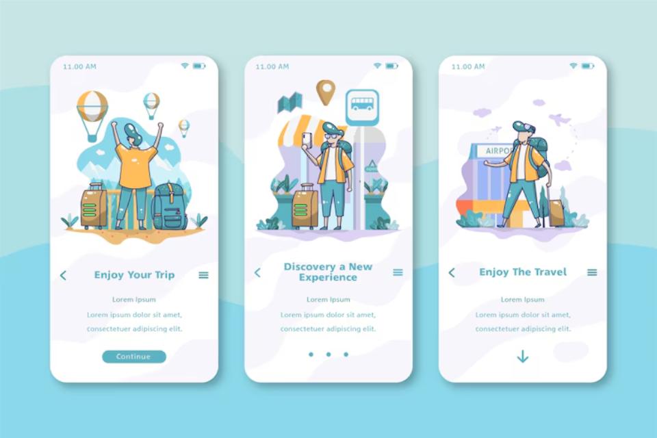  Three mobile app screens promoting travel: activities, experiences, and enjoyment, featuring colorful illustrations of travelers.