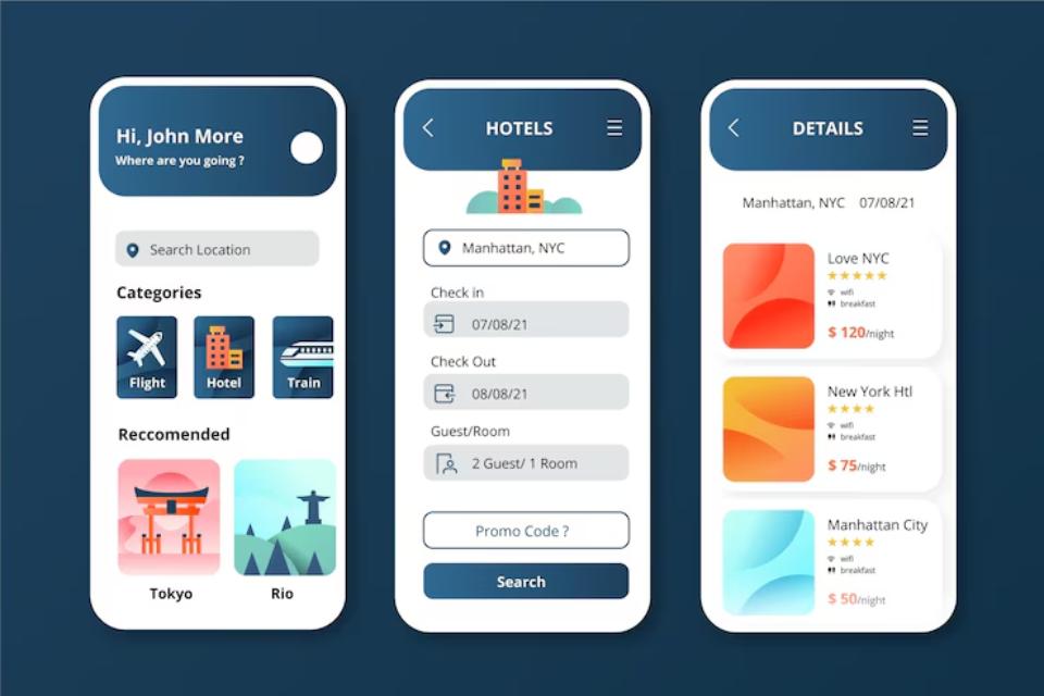  Mobile app interface for hotel bookings, showing search options, categories, and hotel recommendations in Manhattan, NYC.