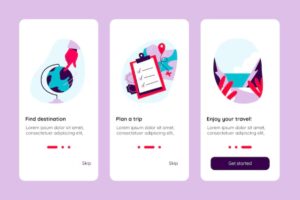 Three mobile app screens illustrating travel planning: finding a destination, trip planning checklist, and enjoying travel experience.