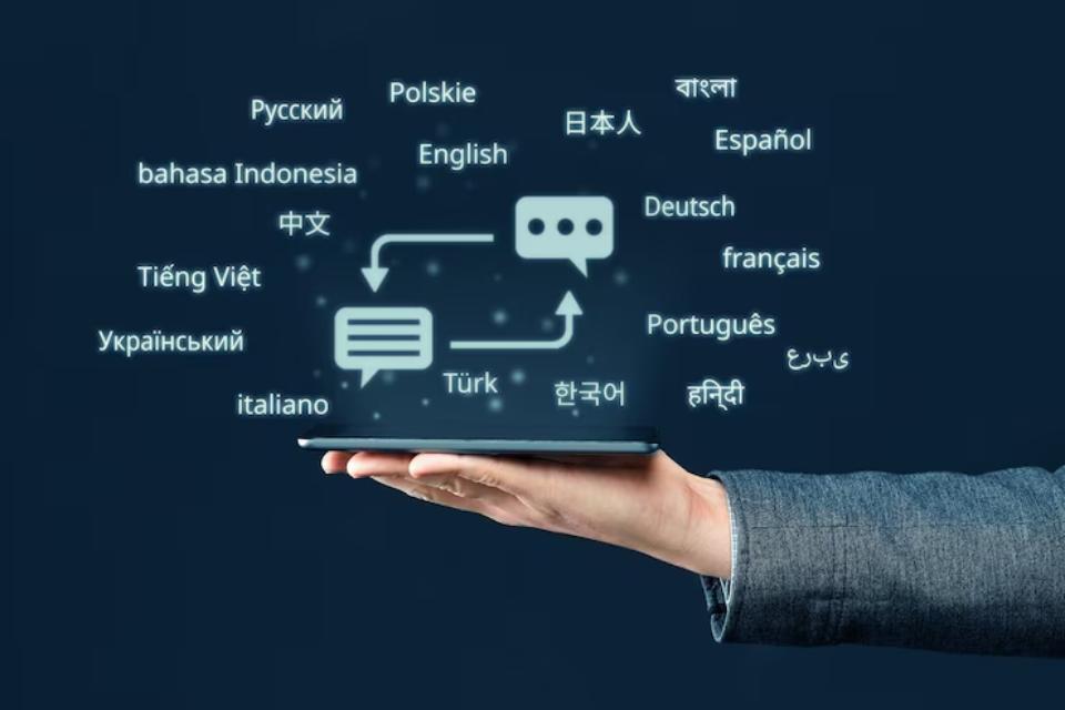  A hand holds a tablet displaying various languages and speech bubbles, symbolizing multilingual communication and technology.