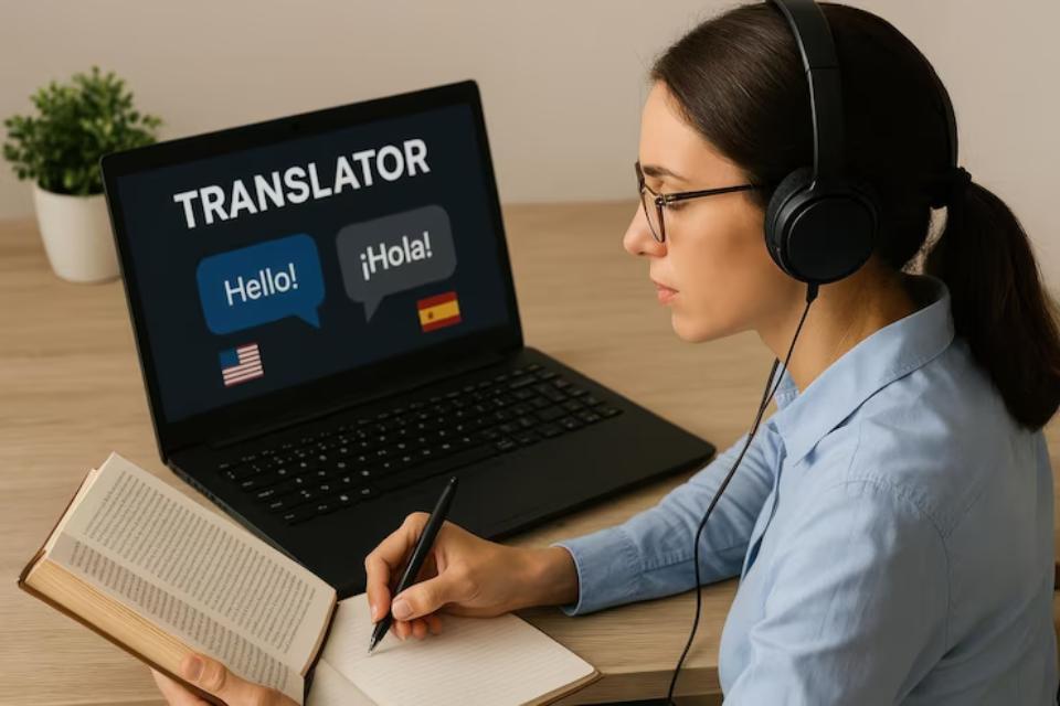  A person in a blue shirt uses a laptop with TRANSLATOR on the screen, headphones on, and taking notes in a notebook.