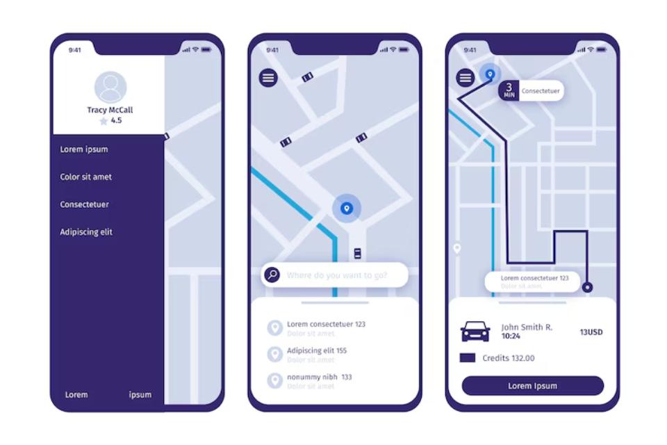  Three mobile app screens displaying a user profile, a map for navigation, and a ride information summary.