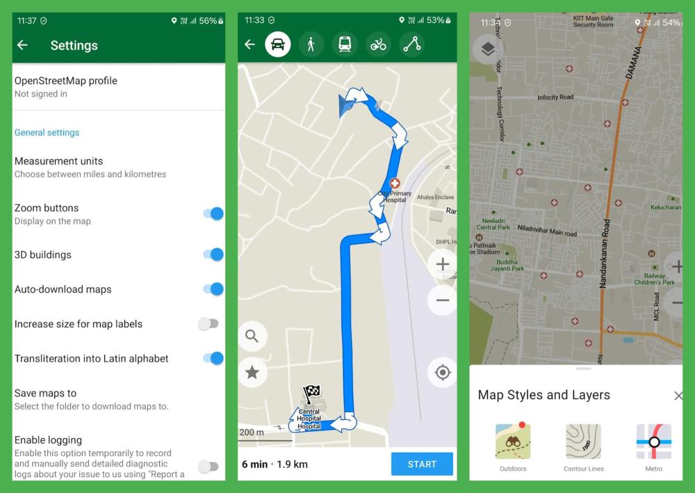  Screenshot of a map application displaying settings, navigation route, and map style options, including measurement units and zoom features.