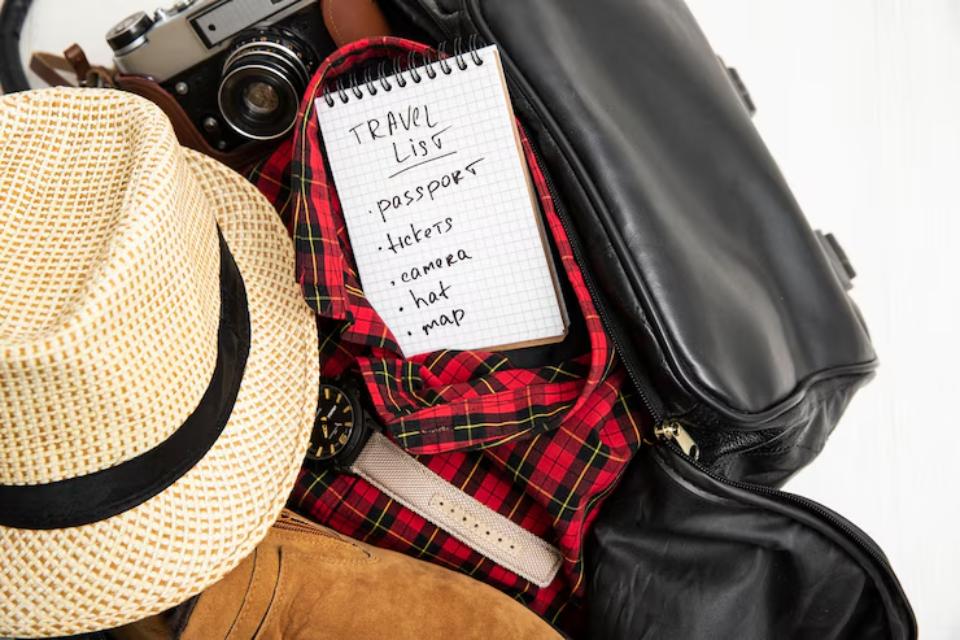 A top-down view of a packed bag with a travel checklist, featuring a camera, hat, and clothing items, ready for an adventure.