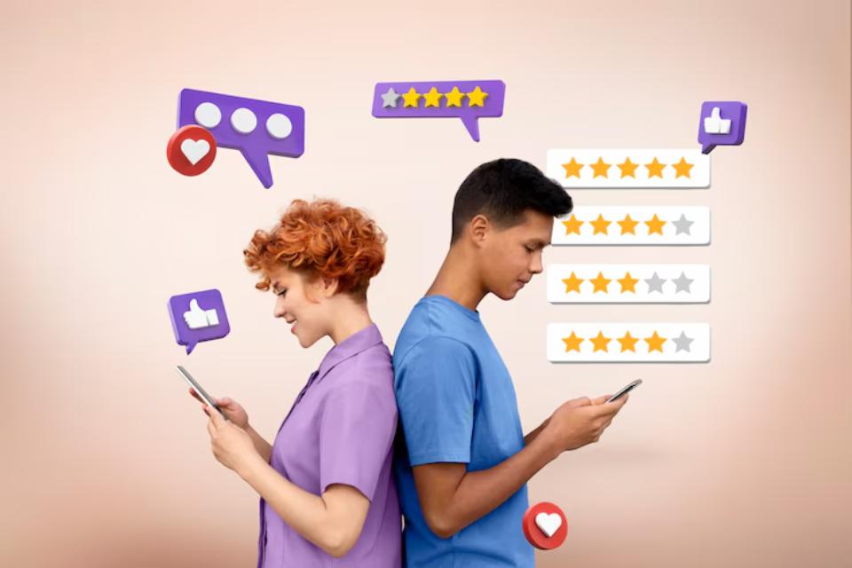  Two people stand back to back, each engrossed in their smartphones, surrounded by colorful social media reaction icons and star ratings.
