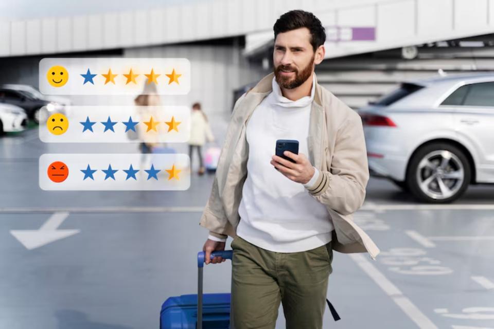  A person in casual attire walks with a blue suitcase, looking at their phone, surrounded by parked cars and rating icons.
