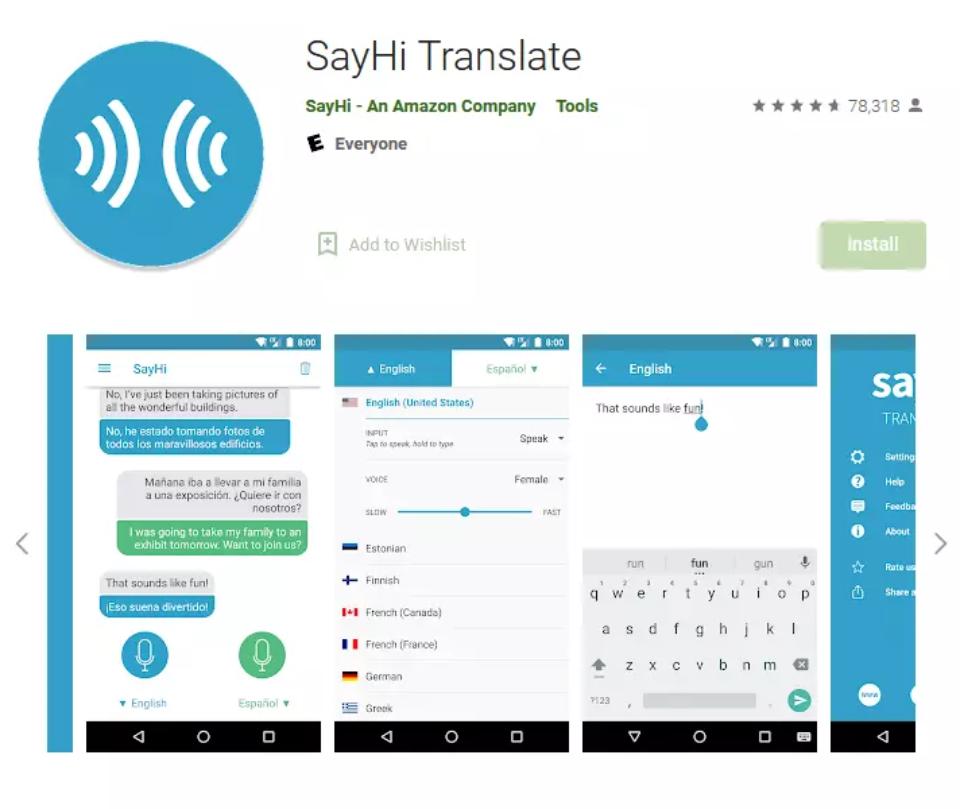  Screenshot of the SayHi Translate app, showcasing translation features in multiple languages and user-friendly interface.