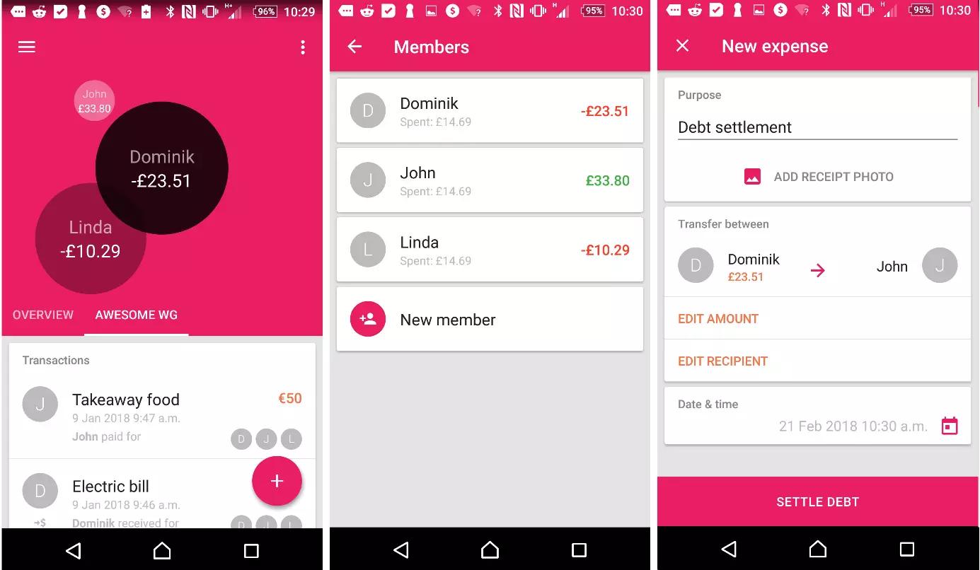  A financial app interface showing members' balances, transactions, and options to settle debts between users.