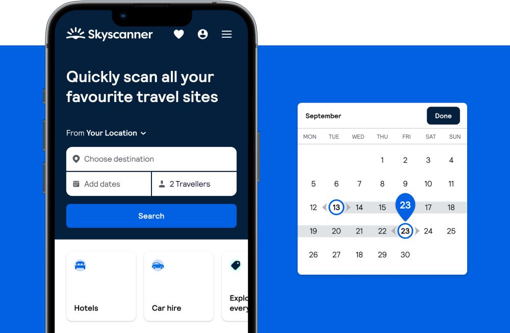  Smartphone displaying the Skyscanner app interface, featuring a search bar, travel options, and a highlighted calendar for September.