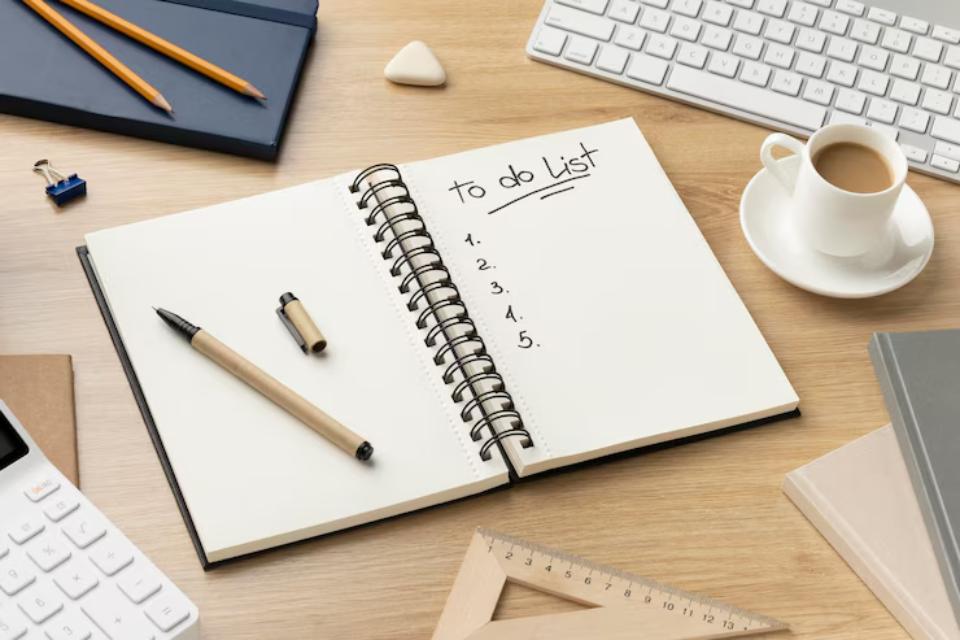  An open notebook with a to do list, a pen, coffee cup, keyboard, and stationery on a wooden desk.