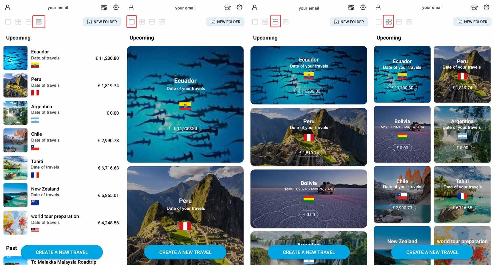  A travel planning app interface displaying upcoming trips to various countries with costs, dates, and options to create new travels.