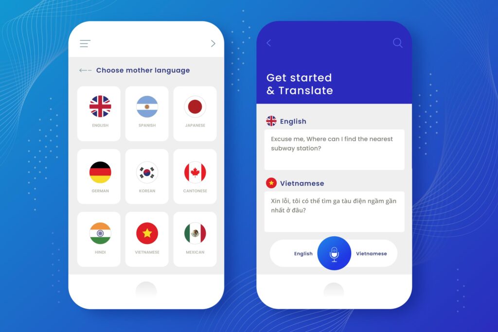 Screenshot of a language translation app offering multiple language options and a conversation in English and Vietnamese.