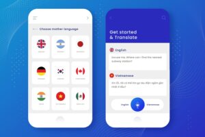 Screenshot of a language translation app offering multiple language options and a conversation in English and Vietnamese.