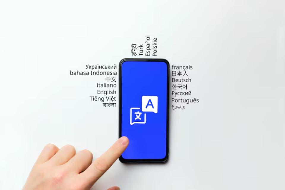  A hand interacts with a smartphone screen displaying a translation app featuring multiple language options.