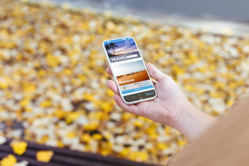  A hand holds a smartphone displaying travel options for Morocco, set against a backdrop of fallen yellow leaves.