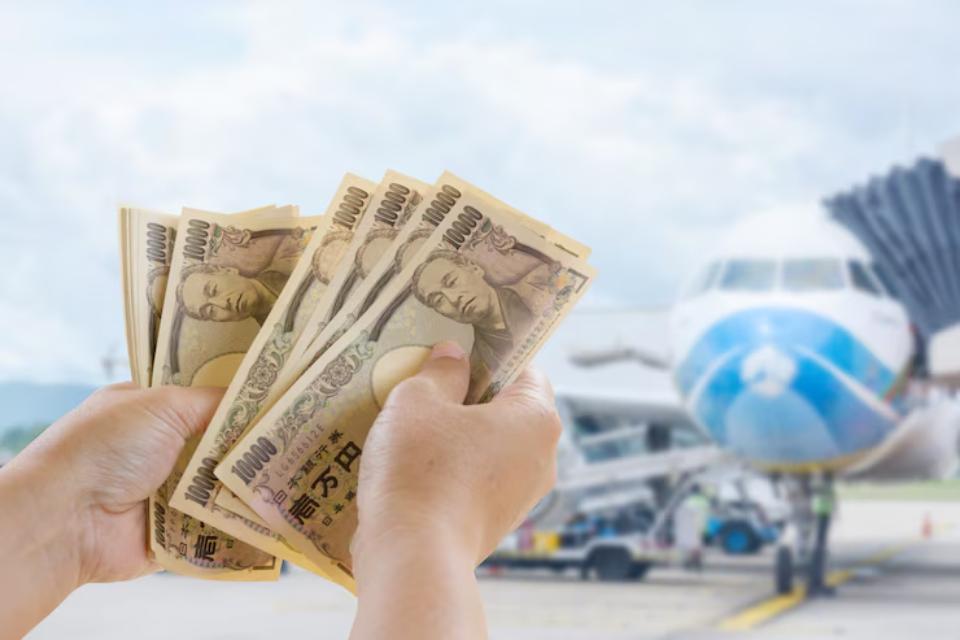  Hands holding Japanese yen banknotes in front of an airplane at an airport, symbolizing travel and financial transactions.