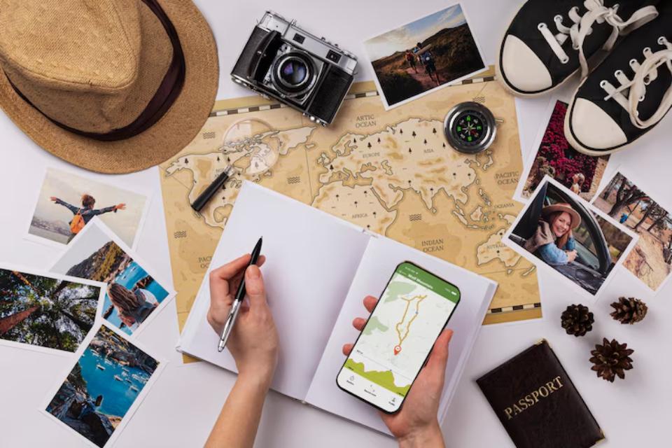  A flat lay of travel essentials: a map, camera, photos, compass, hat, sneakers, smartphone with a route displayed, and a passport.