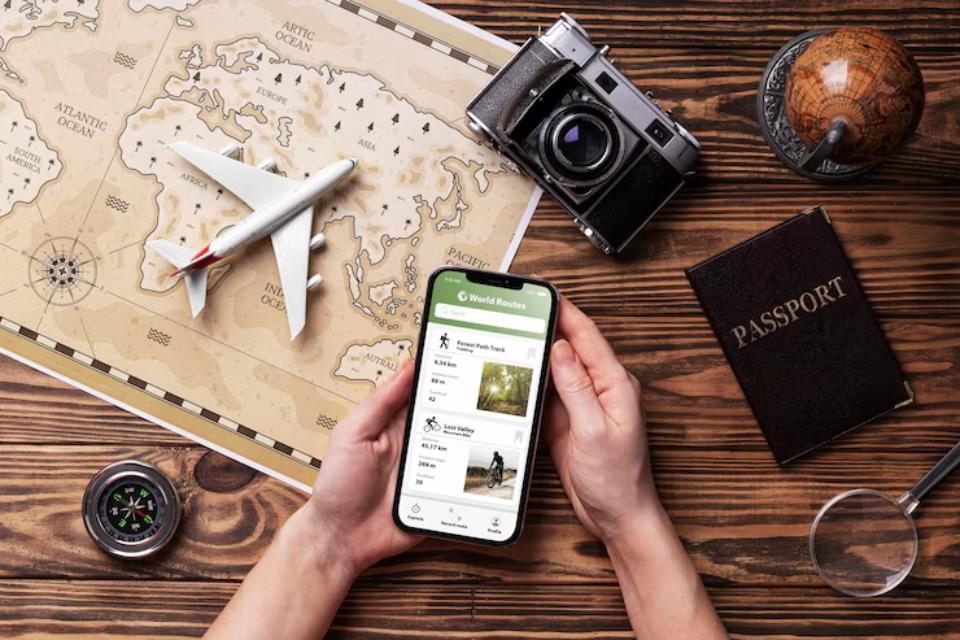  A hand holding a smartphone with travel routes, next to a world map, a compass, a camera, a globe, and a passport on a wooden table.