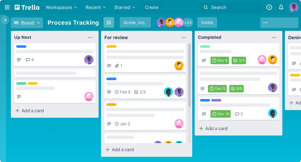  Trello board titled Process Tracking showing task lists: Up Next, For review, Completed, and Denied, with various cards and user avatars.