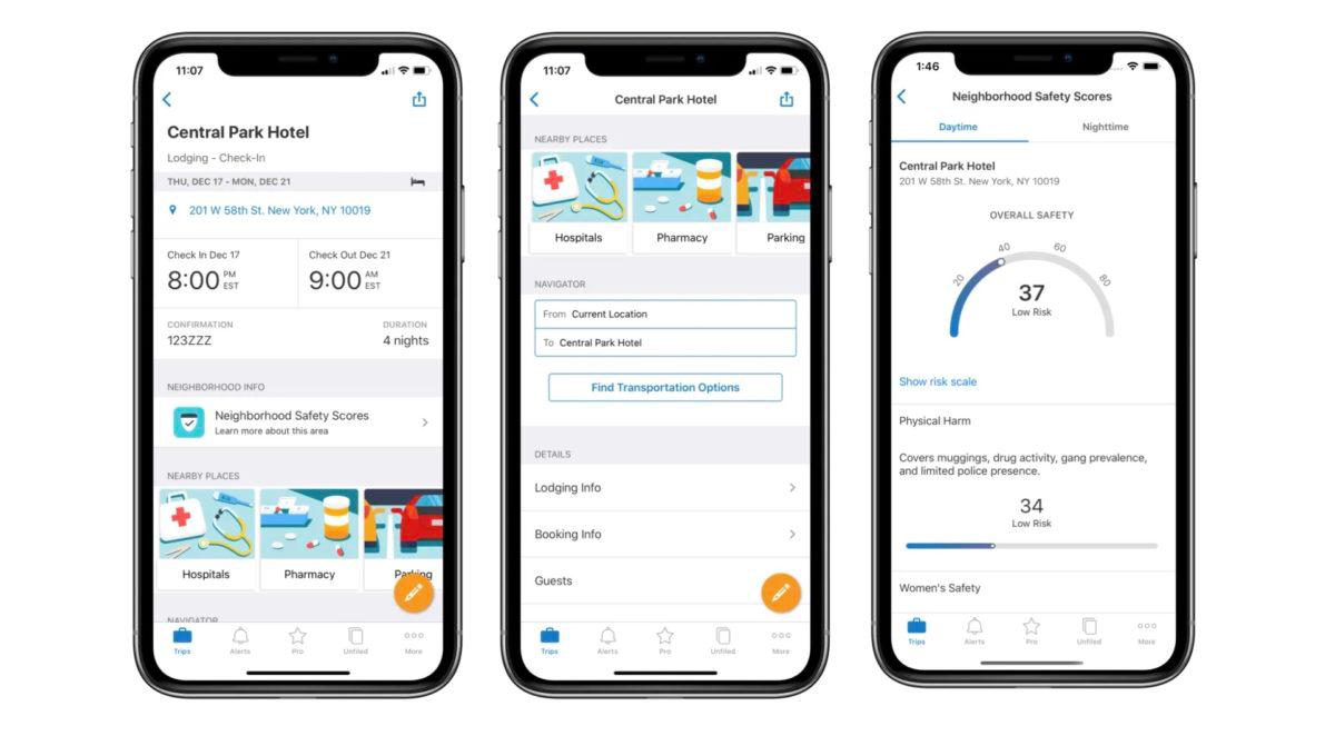 Screenshots of a mobile app displaying Central Park Hotel booking details, neighborhood safety scores, and nearby services like hospitals and pharmacies.