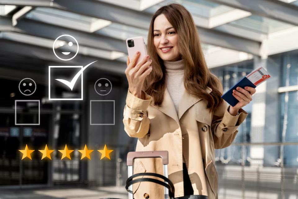 A woman stands in an airport, holding a phone and travel documents, with a rating graphic featuring stars and smiley faces in the background.