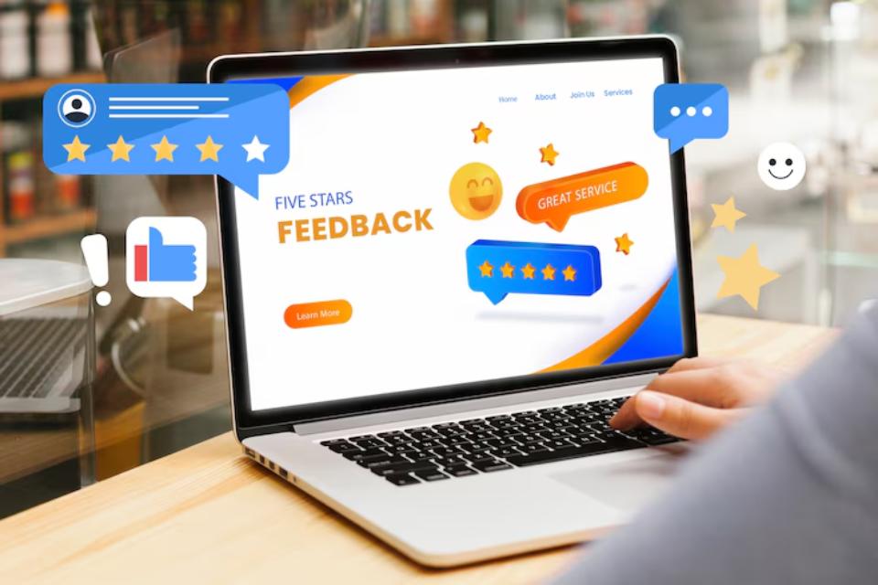 A laptop displaying a feedback webpage with five-star ratings, user comments, and emoticons, emphasizing positive customer reviews.