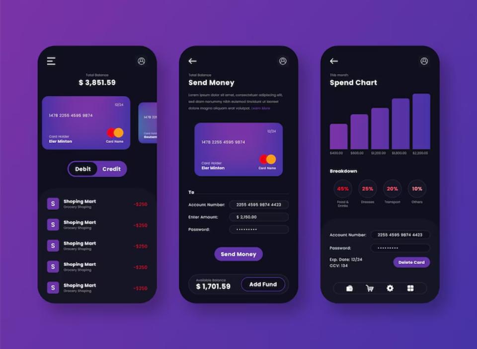 A digital banking app interface displaying a balance, transaction history, a money transfer feature, and a spend chart.