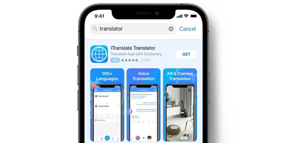  An iPhone screen displaying the iTranslate Translator app in the App Store with features for voice and camera translation.
